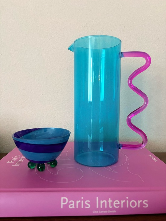 Vintage Other - Modern Memphis Style Glass Pitcher & French Footed Colorful Bowl Set